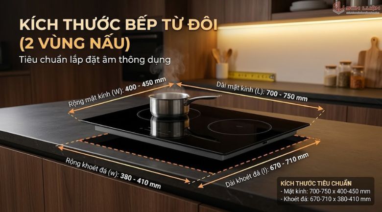 Kích thước bếp từ đôi 2 vùng nấu chuẩn sách giáo khoa