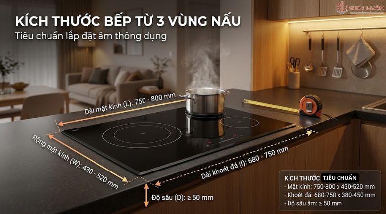 Kích thước bếp từ 3 vùng nấu tiêu chuẩn