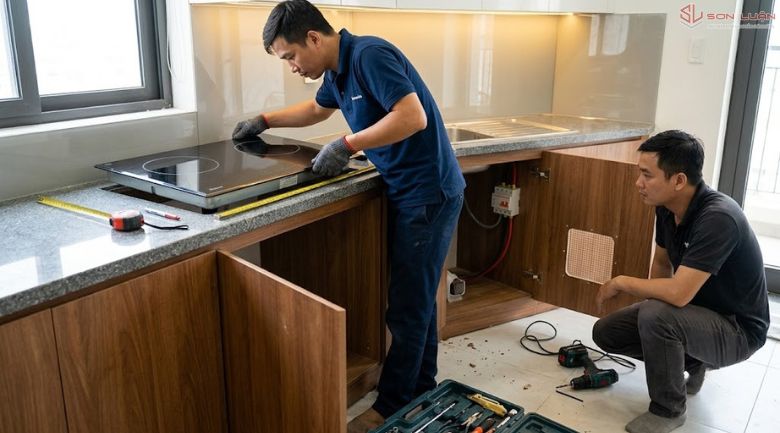 Nhân viên của Sơn Luận đang lắp đặt bếp từ cho khách