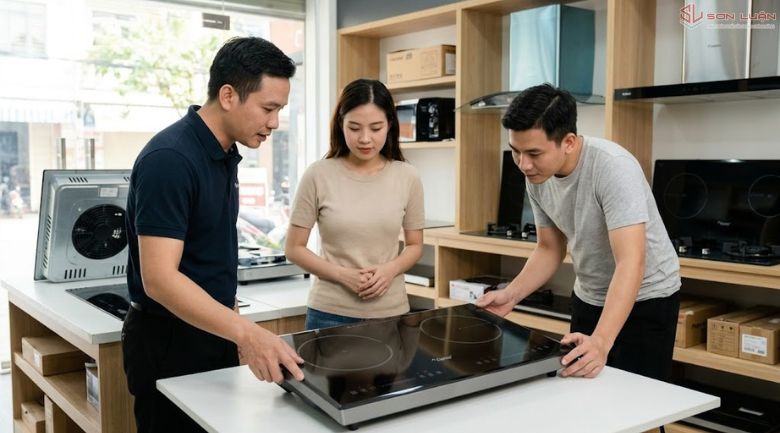 Nhân viên tại Sơn Luận tư vấn khách chọn bếp từ