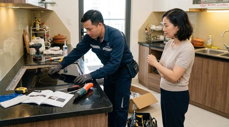Thợ đang lắp đặt bếp từ cho khách hàng