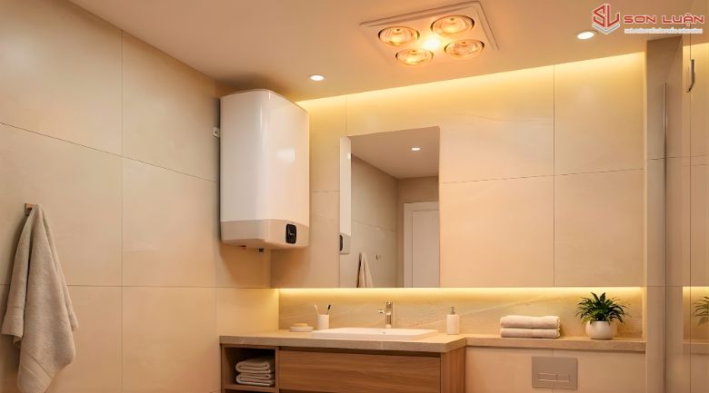 Phòng tắm hiện đại lắp đặt bình nóng lạnh và đèn sưởi nhà tắm