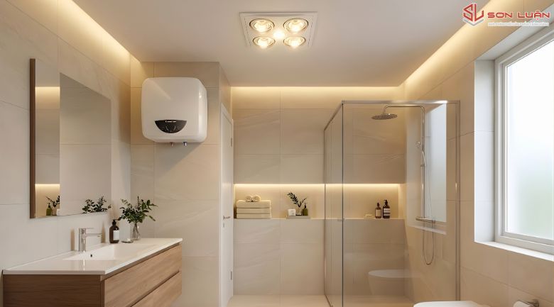 Hình ảnh thực tế phòng tắm khách hàng lắp đặt bình nóng lạnh ariston và đèn sưởi nhà tắm