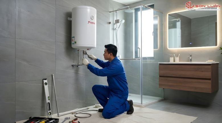 Nhân viên lắp đặt bên Sơn Luận lắp bình nóng lạnh Picenza cho khách hàng