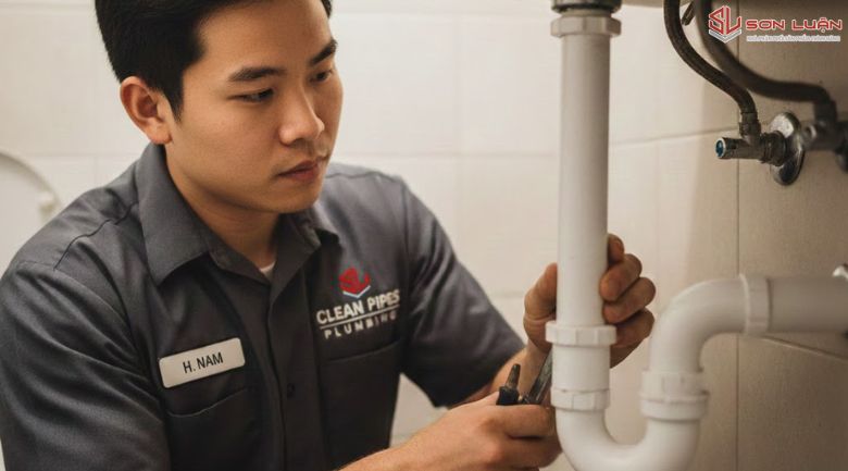kỹ thuật viên Sơn Luận đang kiểm tra/sửa chữa hệ thống ống nước