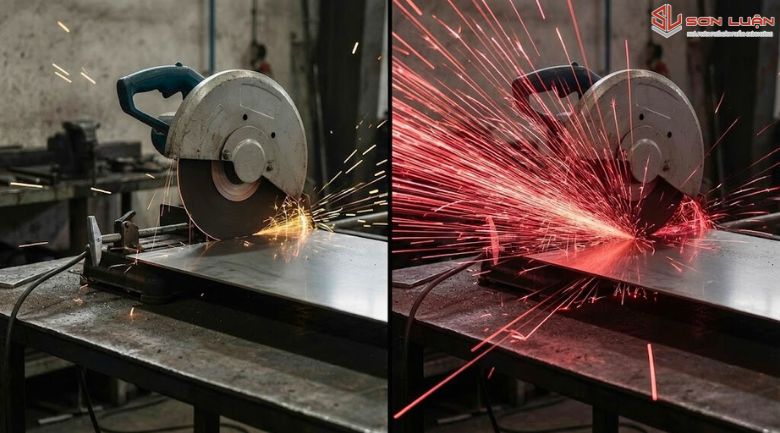 Hình ảnh cắt inox 304 và inox 201 tại xưởng Sơn Luận