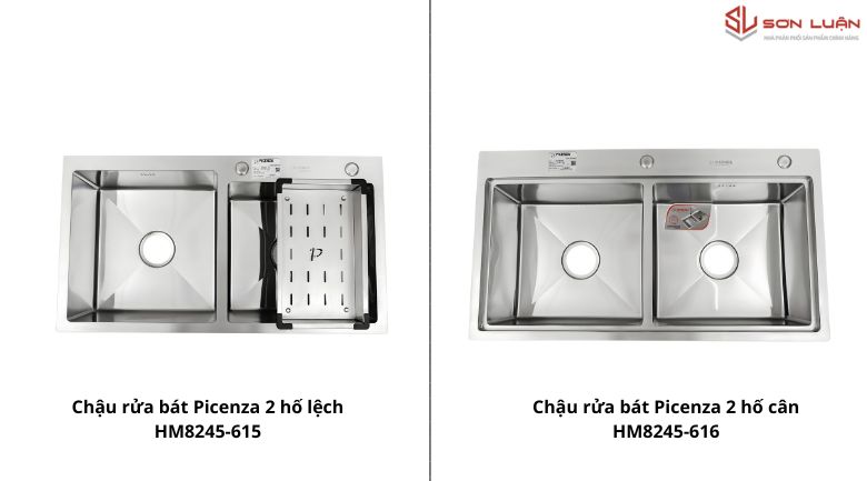 So sánh chậu Picenza 2 hố cân HM8245-616 và 2 hố lệch HM8245-615.