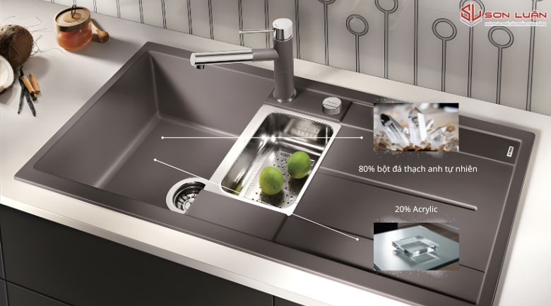 Tỉ lệ vật liệu của chậu rửa bát Hafele bao gồm 80% bột đá thạch anh, 20% Acrylic