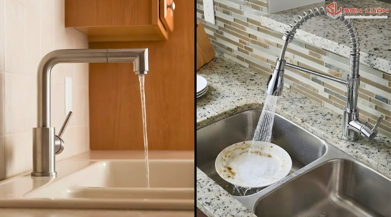 Hình ảnh thực tế so sánh 2 vòi rửa bát áp lực nước mạnh và áp lực nước yếu