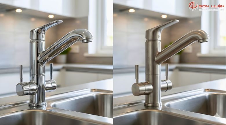 Hình ảnh thực tế vòi rửa bát mạ chrome và inox mờ