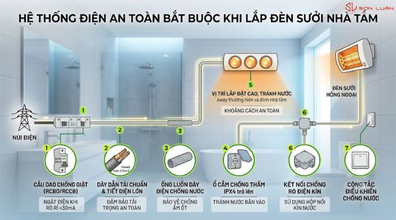 Hệ thống điện an toàn bắt buộc khi lắp đèn sưởi nhà tắm