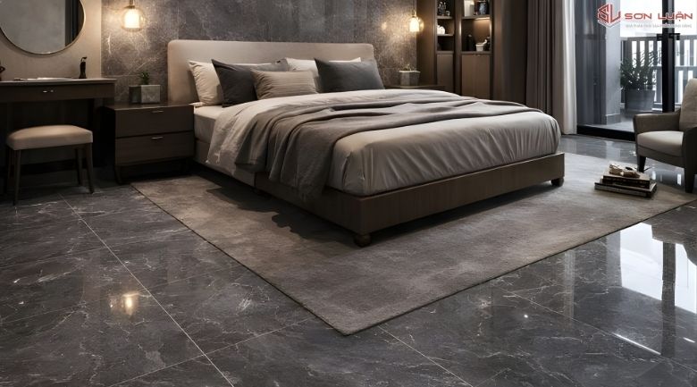 Phòng ngủ lát gạch ốp lát ghi xám vân vàng sang trọng