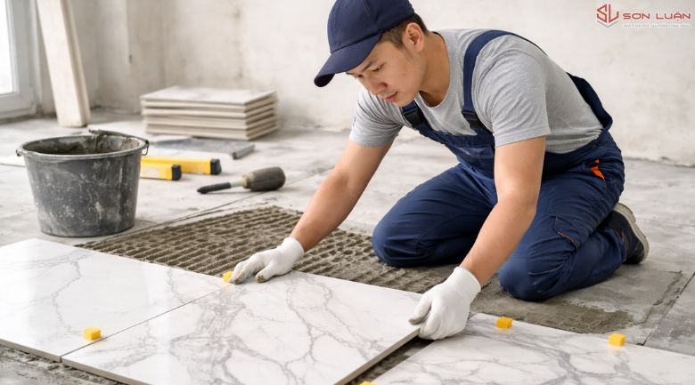 Thợ đang lát gạch 60x120 cho khách