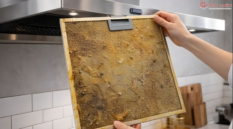 Lưới lọc máy hút mùi bám đầy dầu mỡ lâu ngày