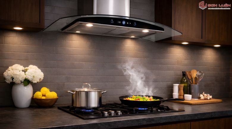 Máy hút mùi kính cong lắp tại nhà khách