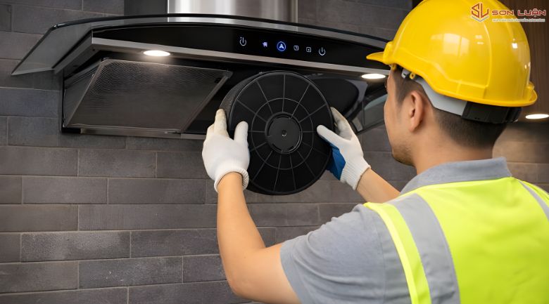 Thợ bên Sơn Luận xử lý thay lọc than máy hút mùi
