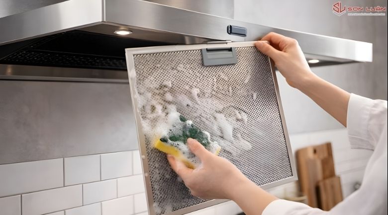 Nhân viên Sơn Luận đang vệ sinh máy hút mùi siêu sạch