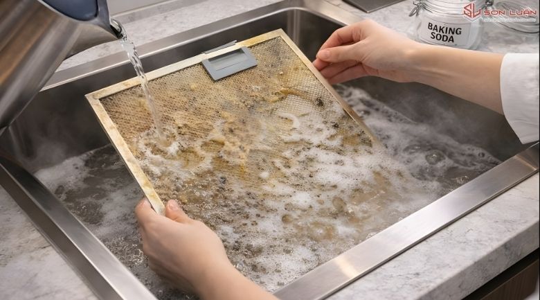 Ngâm lưới lọc máy hút mùi trong nước sôi pha baking soda