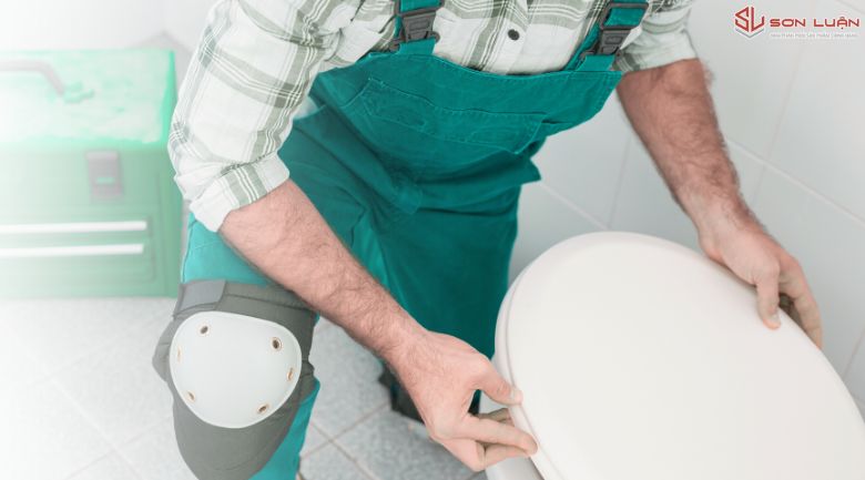 Thợ đang lắp đặt nắp bồn cầu