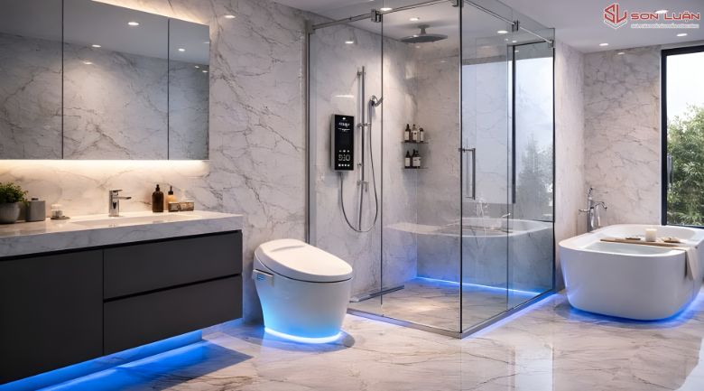 Phòng tắm biệt thự đầy đủ thiết bị vệ sinh mua tại Sơn Luận