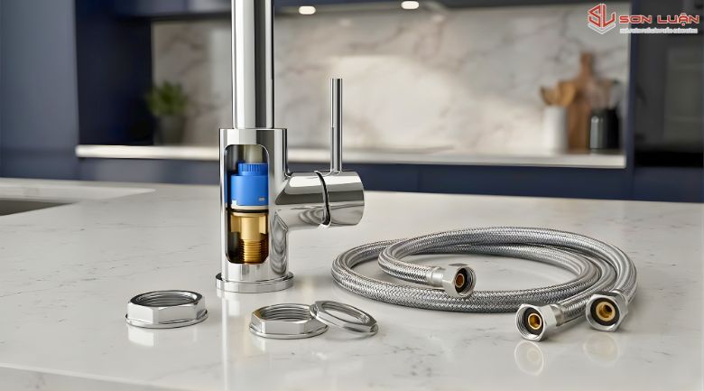 Vòi rửa bát Sơn Luận với lõi gốm ceramic, thân đồng thau mạ chrome hoặc inox 304, linh kiện kim loại bền bỉ.