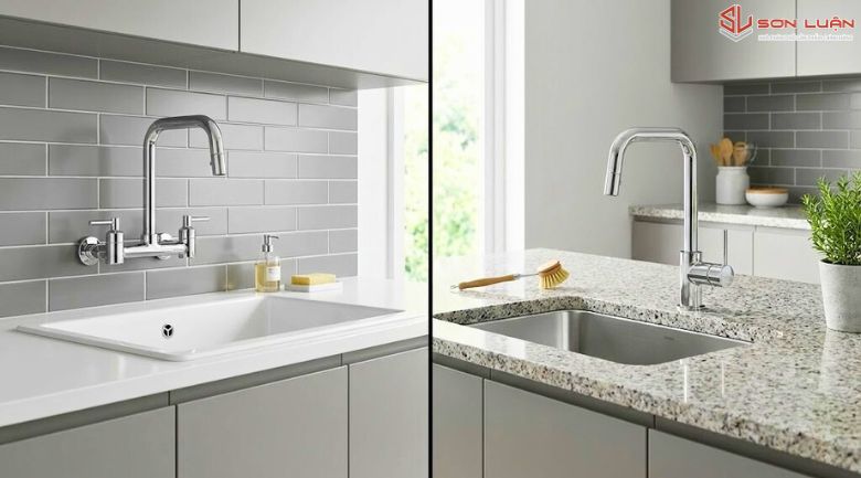 So sánh vòi rửa bát Caesar gắn tường và vòi gắn chậu bàn đá.