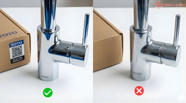 Cách nhận biết vòi TOTO chính hãng qua logo khắc laser chìm.