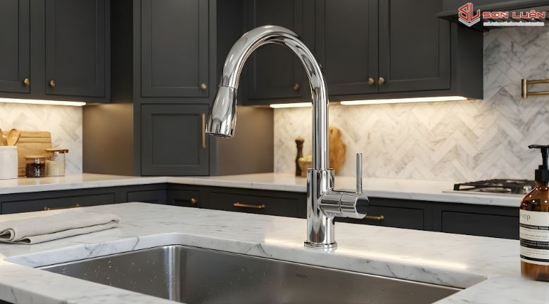 Hình ảnh thực tế lắp đặt vòi rửa bát TOTO dây rút nội địa Nhật.