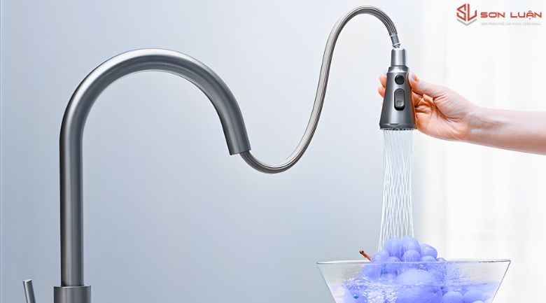 Đầu vòi kéo dài linh hoạt giúp vệ sinh chậu rửa dễ dàng.