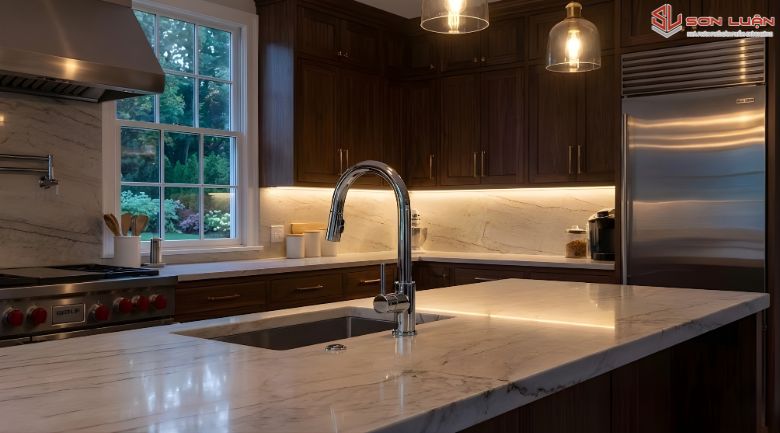 Vòi rửa bát toto sang trọng sáng bóng lắp trong căn phòng bếp sang trọng của khách hàng mua bên Sơn Luận