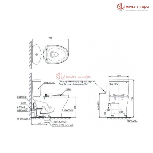 Bồn Cầu Điện Tử TOTO CS838CDW17 Nắp Rửa Washlet TCF23460AAA C2 Giấu Dây