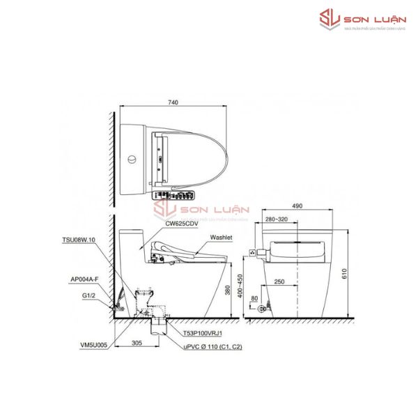 Bồn Cầu Điện Tử TOTO MS625CDW12 Nắp Washlet Giấu Dây C7