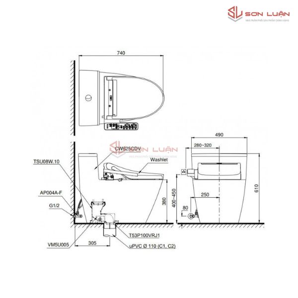 Bồn Cầu Điện Tử TOTO MS625CDW15 Washlet TCF24460AAA C5 Giấu Dây