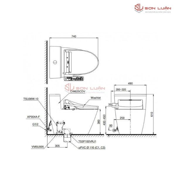 Bồn Cầu Điện Tử TOTO MS625CDW17 Nắp Rửa Washlet TCF23460AAA C2 Giấu Dây