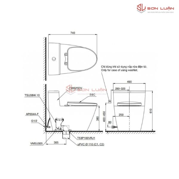 Bồn Cầu Điện Tử TOTO MS625DW16 Nắp Rửa Washlet TCF23410AAA C2