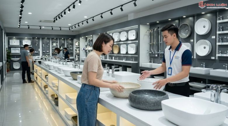 Khách lựa chọn chậu rửa mặt tại Thiết bị vệ sinh Sơn Luận
