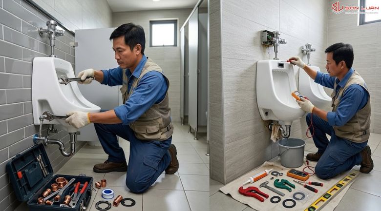 Nhân viên đang lắp đặt và xử lý sự cố bồn tiểu nam