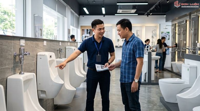 Nhân viên đang tư vấn khách chọn bồn tiểu nam