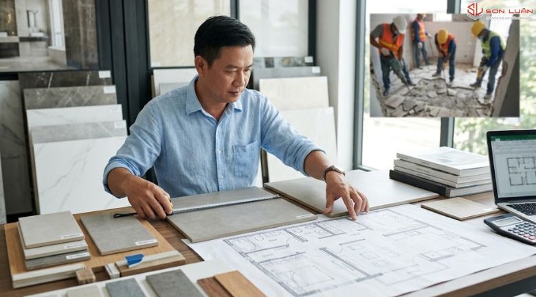 Nhân viên tại Sơn Luận đo đạc gạch phù hợp với công trình của khách hàng