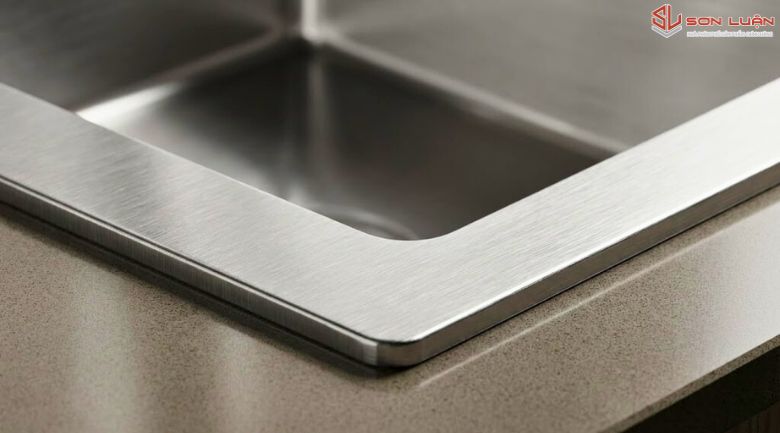 Cận cảnh mép chậu rửa bát Picenza HM8245-615 thể hiện độ dày 3mm chuẩn Inox 304.