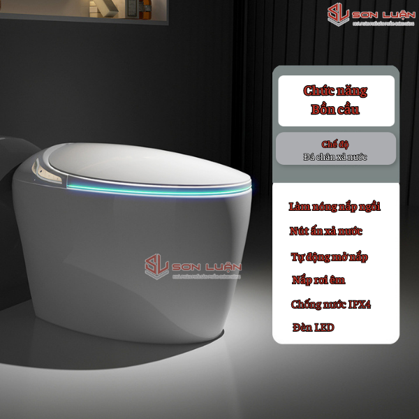 Chức năng bồn cầu: đá chân xả nước, làm nóng nắp, nút ấn xả, tự động mở nắp, nắp êm, chống nước IPX4, đèn LED