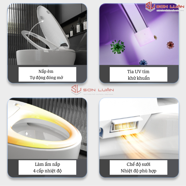 4 chế độ: Nắp êm, Tia UV tím kháng khuẩn, Làm ấm nắp, Chế độ sưởi bồn cầu