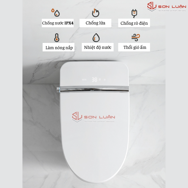 6 tiện ích không ngờ: Chống nước IPX4, chống lửa, chống rò rỉ điện, làm nóng nắp, hiển thị nhiệt độ nước, thổi gió ấm