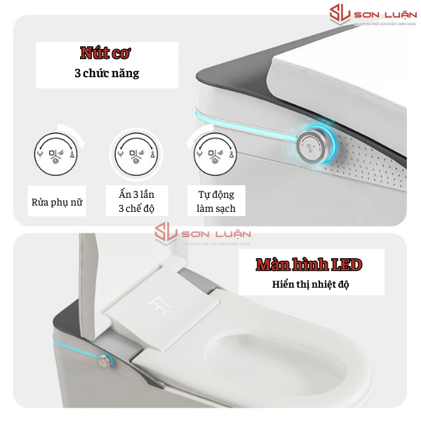 Nút cơ cạnh sườn với 3 chức năng: Rửa phụ nữ, Tự động làm sạch, Tổng hợp 3 chế độ. Lòng bàn cầu có màn LED hiển thị nhiệt độ
