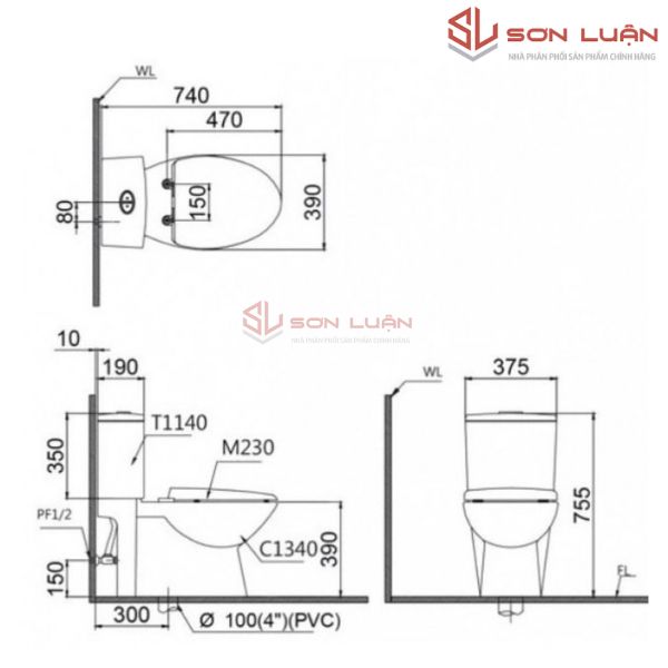 Bồn cầu 2 khối kết hợp nắp cơ đa năng Caesar CD1340 - TAF060