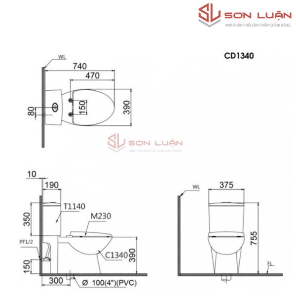 Bồn cầu 2 khối Caesar Nắp Êm CD1340