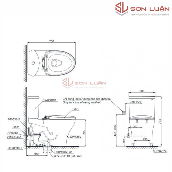 Bồn cầu 2 khối TOTO CS838DT3