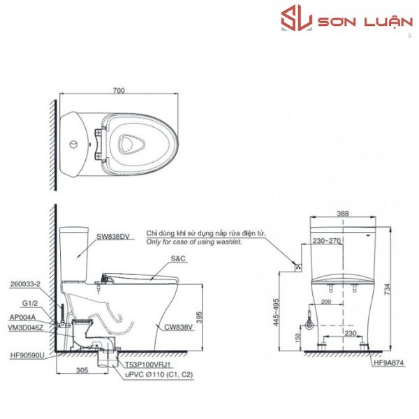 Bồn cầu 2 khối TOTO CS838DT8