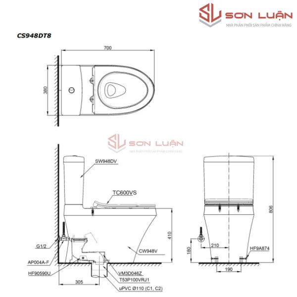 Bồn cầu 2 khối TOTO CS948DT8