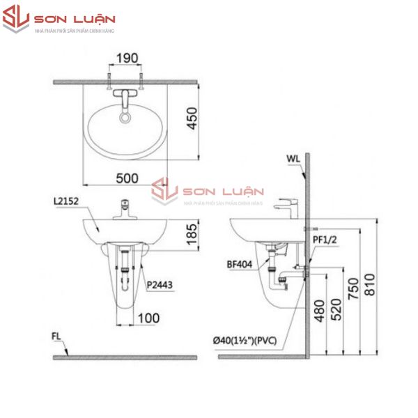 Chậu rửa mặt lavabo chân lửng L2152/P2443